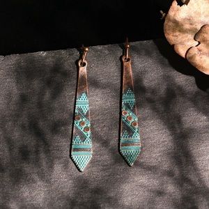 Long Dangle Earrings In Antique Green And Bronze
